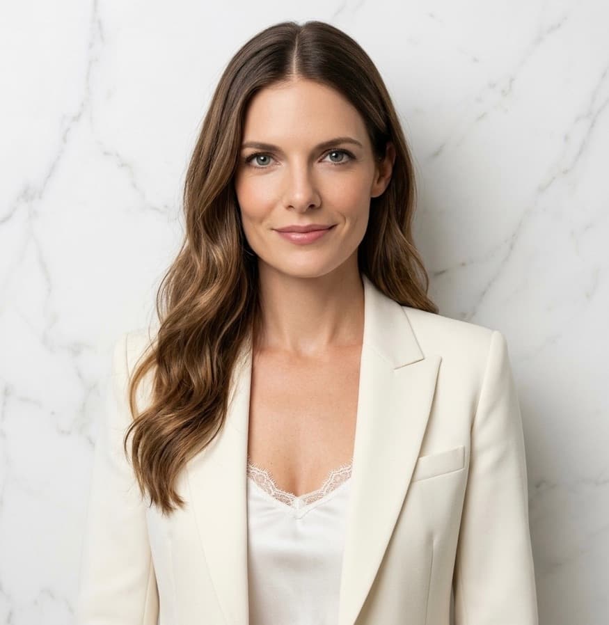 Smiling woman with long wavy brown hair wearing a white blazer against white marble.